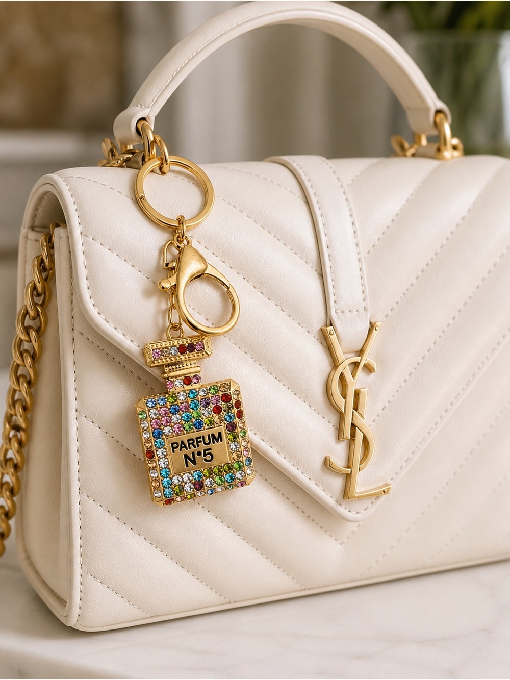 Parfum N°5 Multicolor Crystal
Perfume Bottle Gold Keychain/Bag Charm